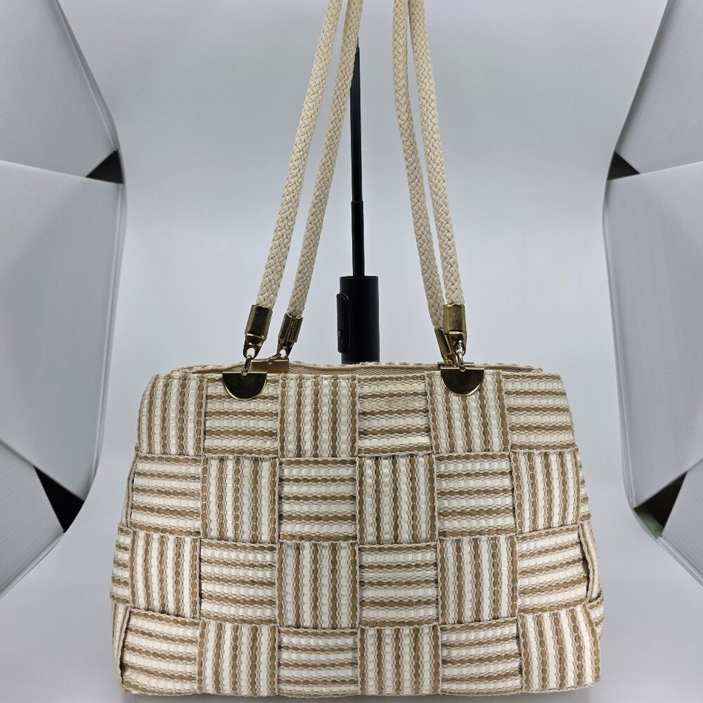 Vintage M&G Bertini Woven Straw Basketweave Shoulder Bag Cream Tan Rope Handles